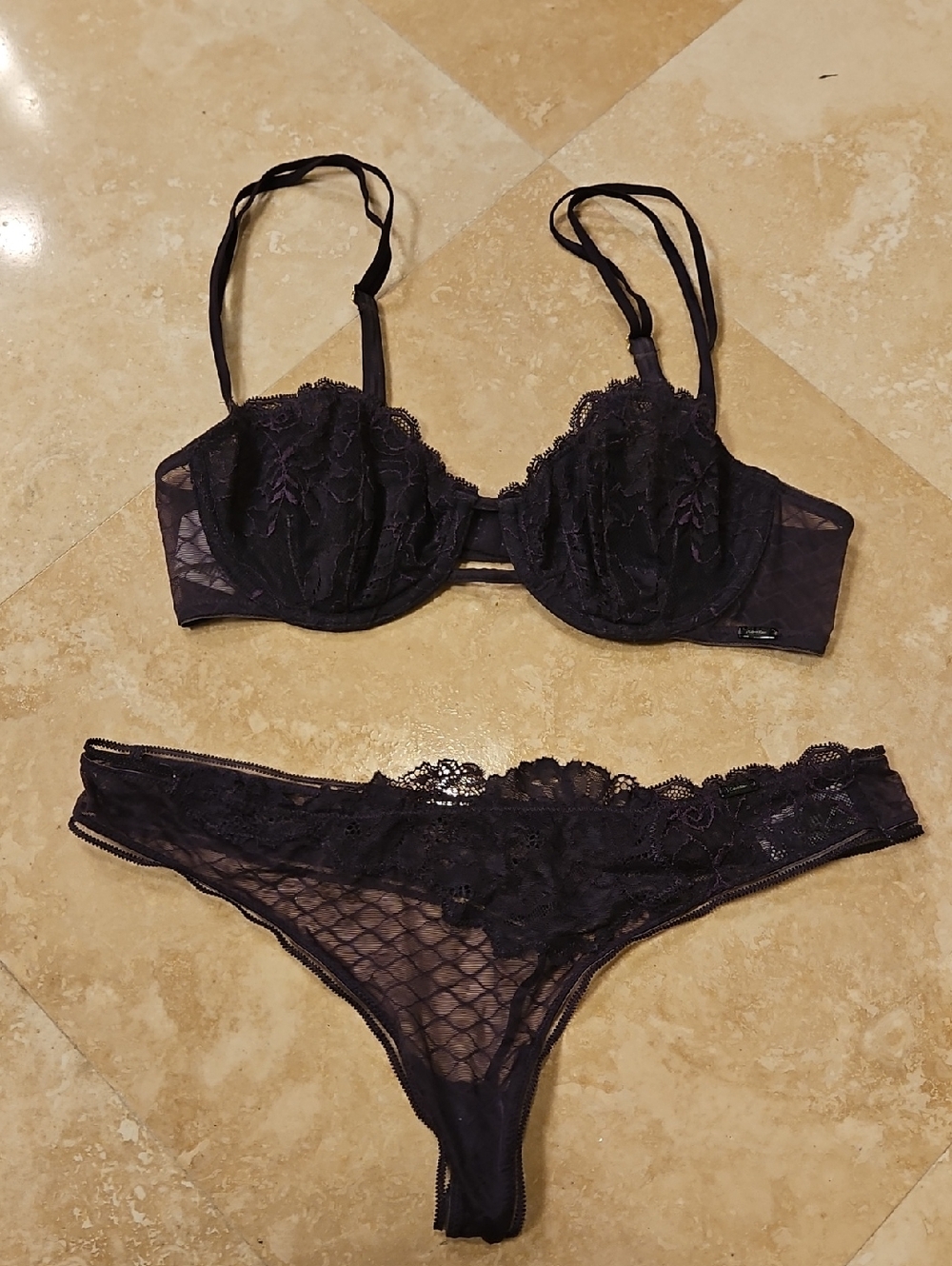 Calvin Klein Purple/Plum Lace Underwire Bra & Thong Set